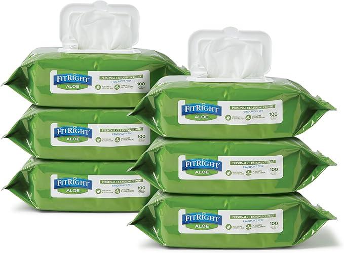 FitRight Personal Cleansing Wipes with Aloe (8x10 inch) | 600 Pieces Moisturizing Body Wipes for Adults Bathing and Incontinence Cleaning | Unscented Cloth Adult Wipes for Elderly Care