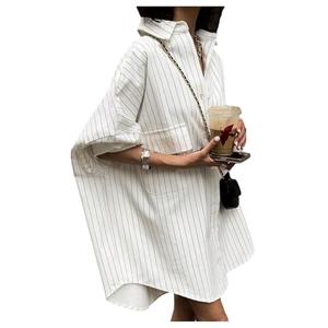 GORGLITTER Women's Button Down Shirt Dresses Striped Oversized Long Sleeve Collared Tunics High Low Blouse Tops with Pockets White Medium