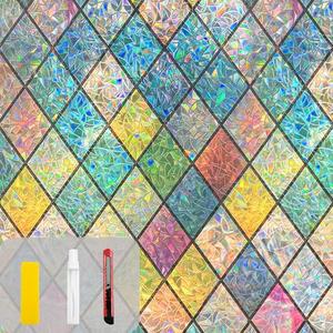 QHY Sunshine Colorful Rainbow Stained Glass Window Film Non-Adhesive Window Privacy Film Reusable Decorative for Room (Chequered Rainbow, 35.4 X 157.4 in)
