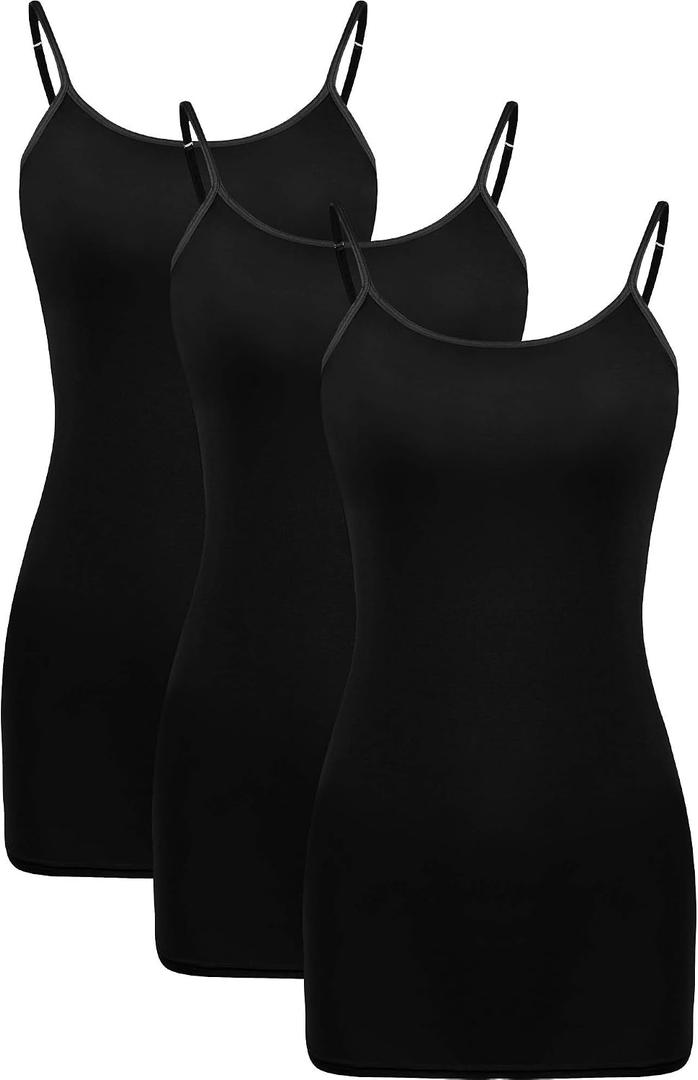 WILLBOND 3 Pieces Women Basic Long Tanks Adjustable Spaghetti Strap Camisole Top (Black, L)
