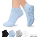 YeuG 4 Pairs Pilates Socks for Women - Non Slip Grip Socks for Yoga, Barre, Hospital, Barefoot (Small-Medium, D01-black/Blue/Light Grey/White)