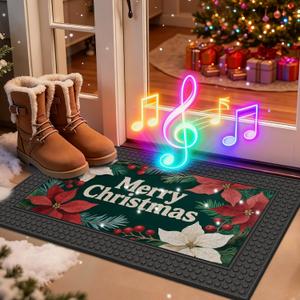 LUMI Merry Christmas Doormat with Lights & Music, 17x30 Funny Xmas Door Mat for Indoor Outdoor Decorations, Durable Non Slip Rubber Backing Welcome Mat, Christmas Flowers
