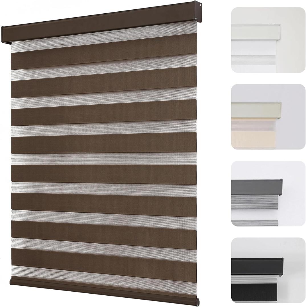 Joydeco Cordless Zebra Blinds for Windows, Dual Layer Light Control Window Blinds with Light-Proof Aluminum Cover, Free-Stop Roller Shades for Home & Office (Coffee,27" W x 75" H)