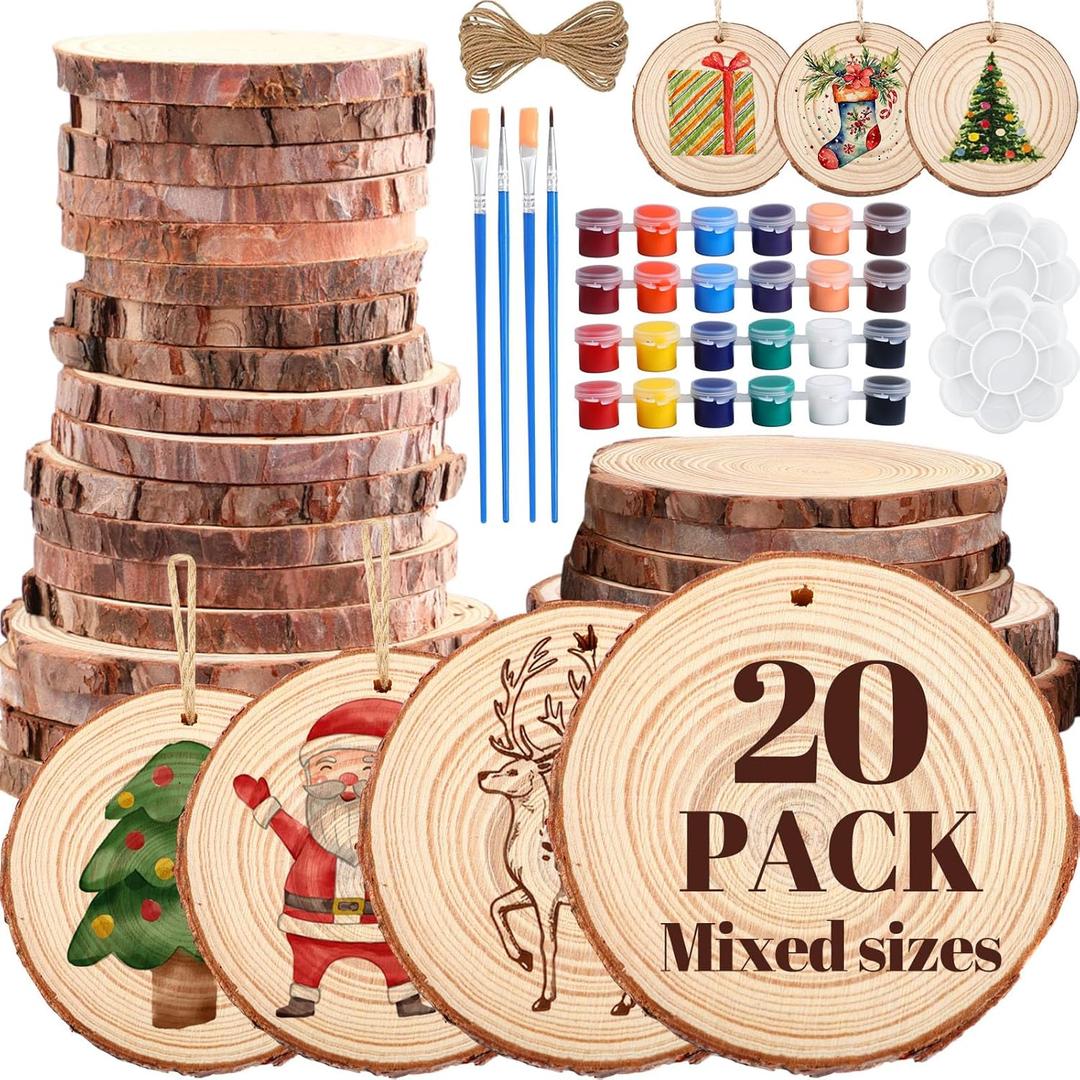Kathfly 20 Pcs Unfinished Wood Slice with Hole for Centerpieces 3.5-8 Inch 4 Sizes Valentine's Day DIY Natural Wood Craft Kit Round Wooden Discs with Paint Brush Palette Craft Ornament Wedding Decor