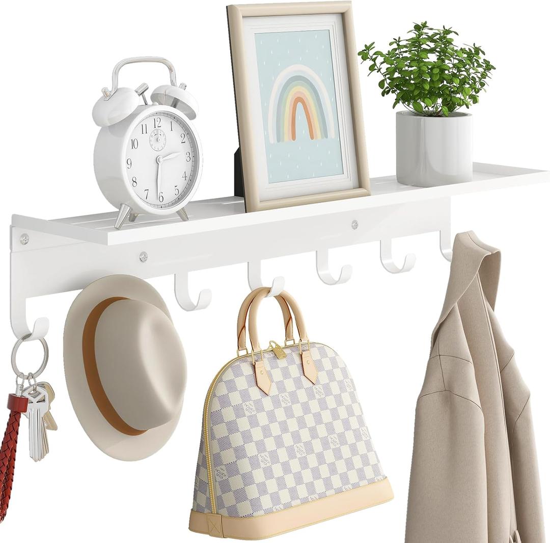 Shelf with 7 Hooks, 23 Inch Entryway Coat Rack Wall Mounted, Metal Coat Hanger with Shelf Storage Clothes, Bags, Purse for Living Room, Balcony, Closet, White