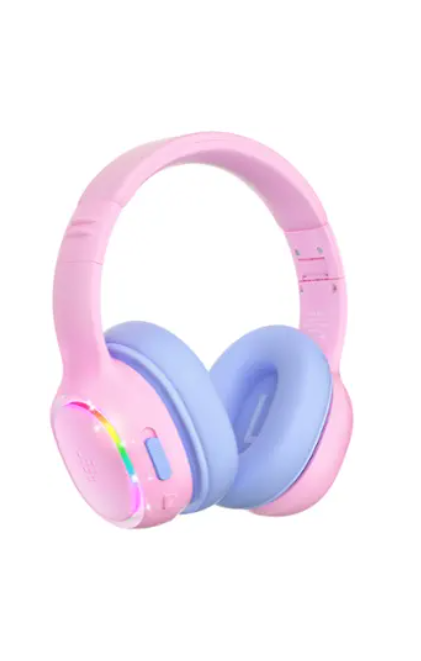Tronsmart - KH03 Active Noise Cancelling Wireless Headphones w/ 74/85/93dB Safe Volume, LED Lights, 70H Playtime for School Travel - Princess Pink