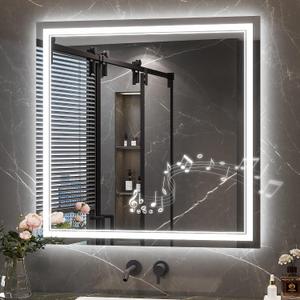 Keonjinn 28" x 36" Lighted Mirrors for Bathroom Wall, Frontlit & Backlit | Bluetooth Speaker, LED Mirror for Bathroom, HD Tempered Glass, Stepless Dimmable 3-Color Lights, Fast & Safe Defog CRI90+