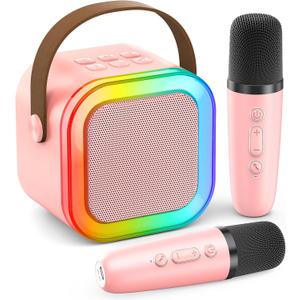 Karaoke Machine for Kids Adults, Portable Bluetooth Mini Karaoke Microphone Singing Speaker with 2 Mic and Light,Toys for All Smartphones,Birthday, Family,Home Party (Pink)