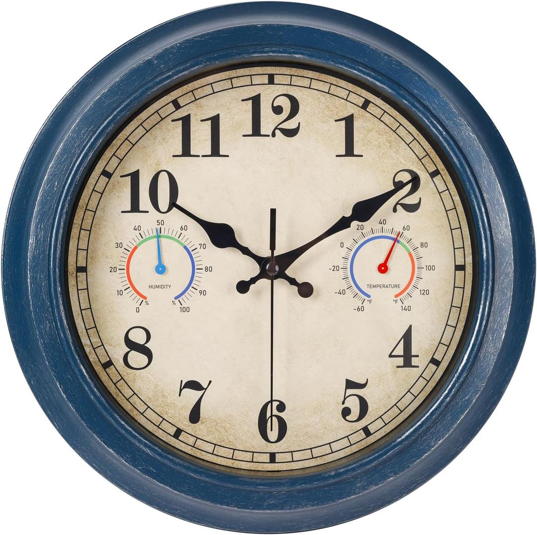12 Inch Outdoor Clock with Thermometer and Hygrometer Combo, Waterproof Indoor Outdoor Wall Clocks for Patio, Pool, Garden, Bathroom Decor- Blue