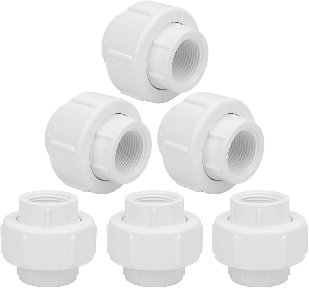 6 x 6Pcs 3/4Inch Female Threaded PVC Union Coupling Pipe Fitting (F x F) 3/4'' PVC FNPT Female Union Coupling Adapter for Sprinkler Pipe, Irrigation, Plumbing, Schedule 40, EPDM O-Ring