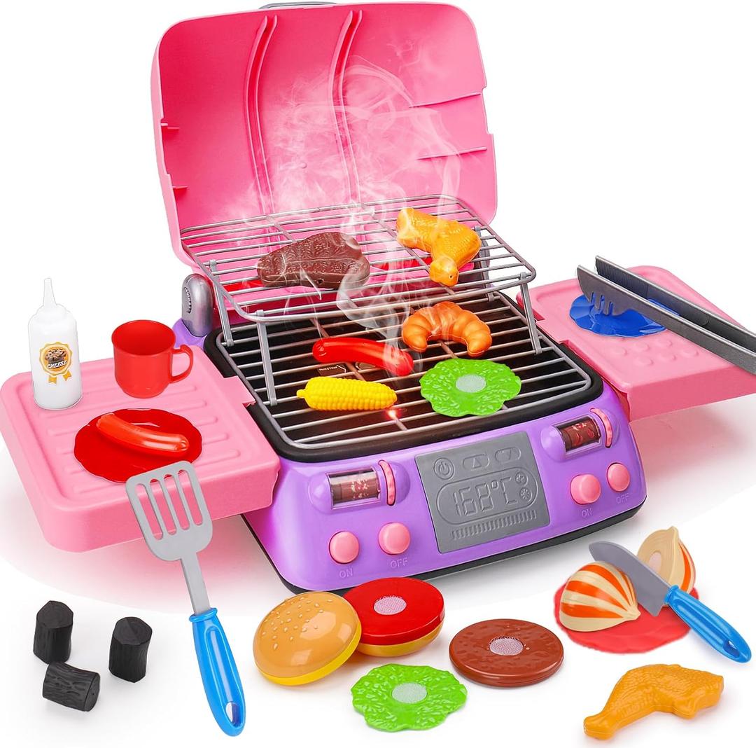 Kids BBQ Grill Playset Kitchen Toy Set with Pretend Smoke Sound Light Toddler Girls Pink Play Food Ages 3-5 4-8 Indoor Outdoor Cooking Barbecue Toys for 3 4 6 Year Old Girl Birthday Gift