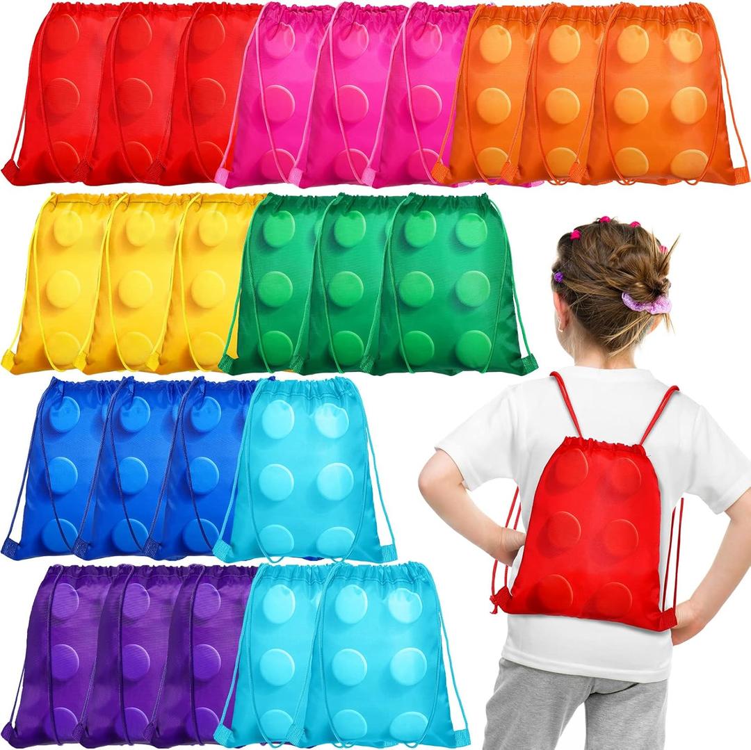 Yerliker 24 Pack Building Block Party Favor Bags Building Block Treat Goodie Drawstring Brick Bags for Kids Birthday Party Supplies Decorations