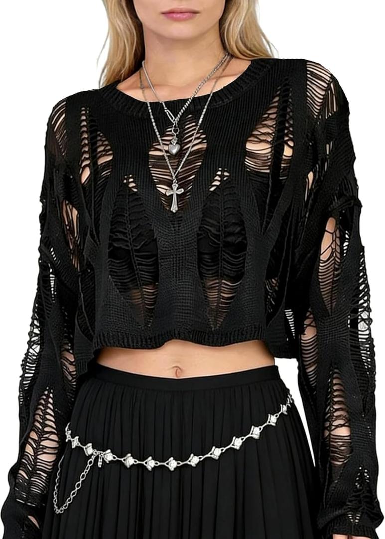 Goth Y2K Striped Sweater Grunge Ripped Punk Gothic Sweaters for Women Harajuku Aesthetic Halloween Pullover Tops (Black), One Size