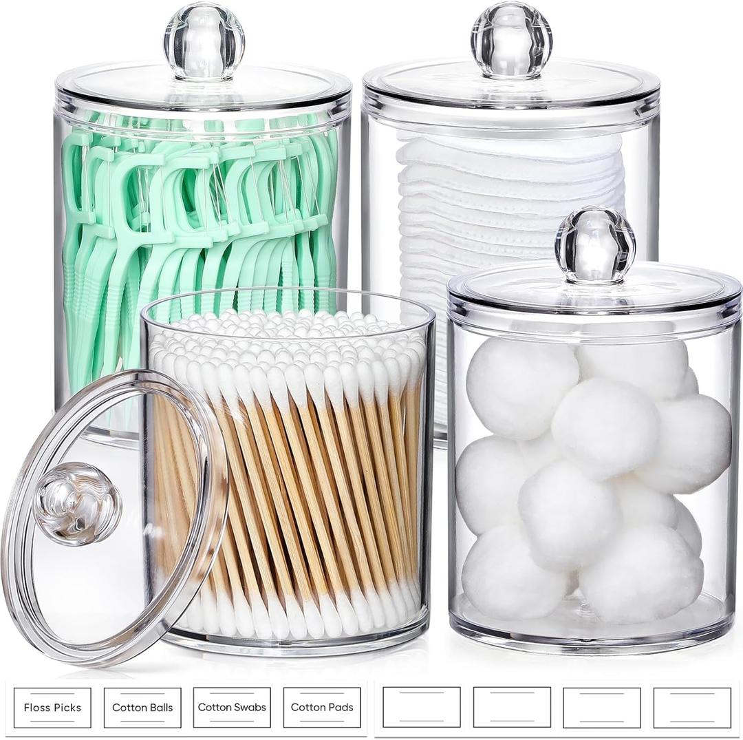4 Pack Acrylic Qtip Holder Dispenser for Cotton Swabs, Balls, Pads, Floss Picks- Small Clear Acrylic Canister Apothecary Jar Set, Bathroom Essentials Accessories Decor, Vanity Makeup Storage Organizer