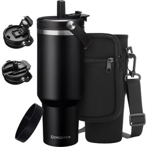 40 oz Tumbler with Handle and Straw- Cold-36h & Hot-12h, Insulated Mug Coffee Tumbler with Straw & Flip Lid, Silicone Protective Boot, Storage Carrier Pouch With Strap, Stainless Steel Water Bottle (Black)