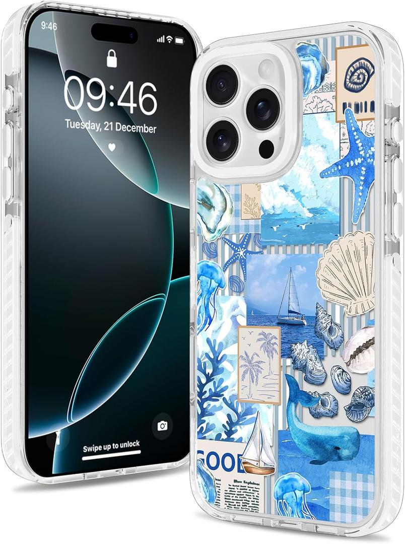 Magnetic for iPhone 16 Pro Case [Compatible with MagSafe] Seashell Ocean Blue Whale Retro Collage Design, Clear Slim Shockproof Phone Cover for Women Men