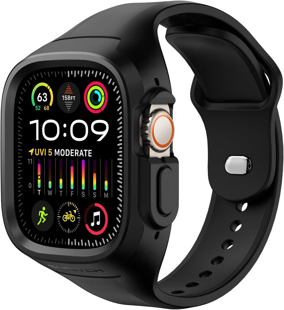 SURITCH Sport Band for Apple Watch Ultra 3/2/1 49mm & iWatch Series 9/8/7/6/5/4/SE3/SE2/SE 45mm 44mm 41mm 40mm, Soft Silicone Shockproof Rugged Protective Strap with Case for Women Men (Black)