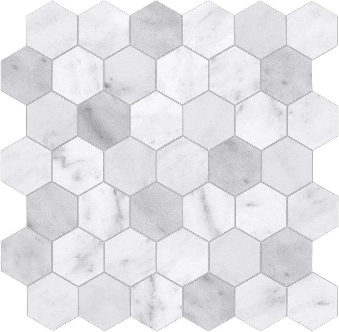 The Tiles Plaza Backsplash Tile for Kitchen Peel and Stick White Hexagon Marble Self Adhesive Wall Tile Stone Composite Stick On Decorative Mosaic Tile for Bathroom, Fireplace, 10 Sheets, 9 Sq Ft.