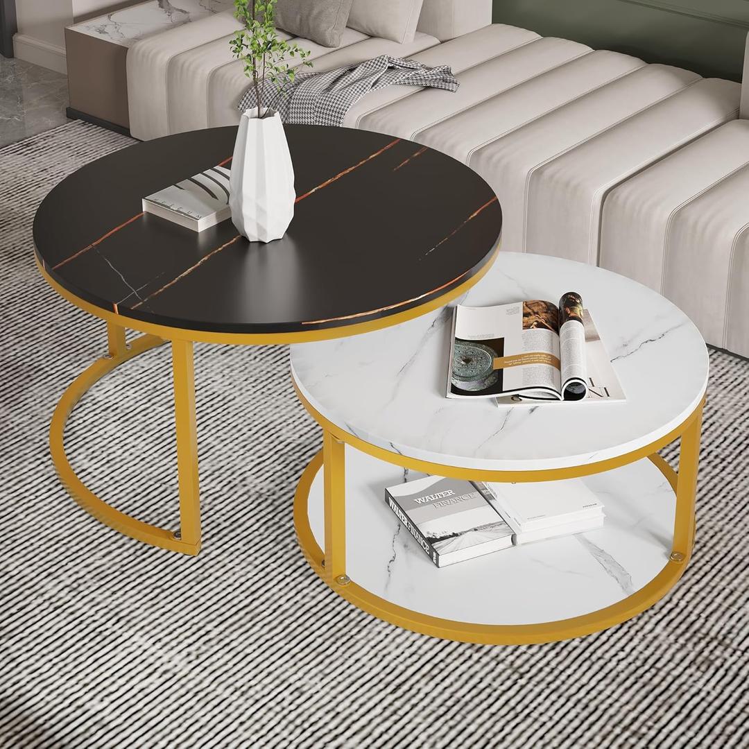 NSdirect Nesting Coffee Table Set of 2,Round Coffee Tables Modern Circle Table for Living Room Accent End Side Table with Storage Open Shelf Faux Marble Wood Top & Gold Sturdy Metal Frame,Black&White