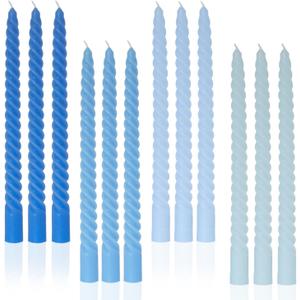 Taper Candle Blue Spiral Candle Sticks,Unscented Pastel Candle for Holiday,Wedding and Home Decoration,10inch,12 Pack(E-Gradient Blue)