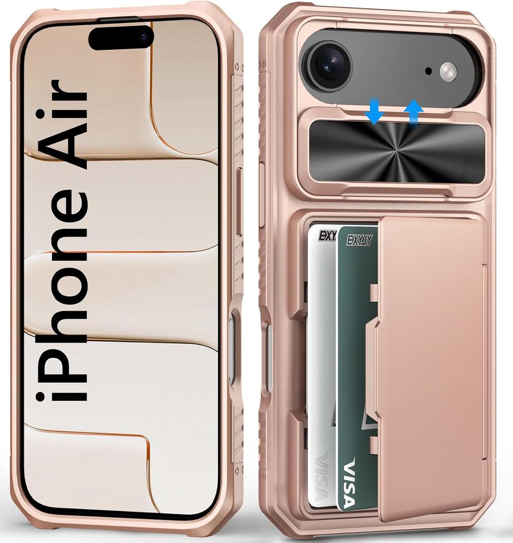 BXYJY for iPhone Air Phone Case Wallet, Card Holder (4-5 Cards), Slide Camera Cover, Military Grade Protection, Rugged Hard Women Girly Men Shockproof Protective Case for iPhone Air 6.5", Rose Gold