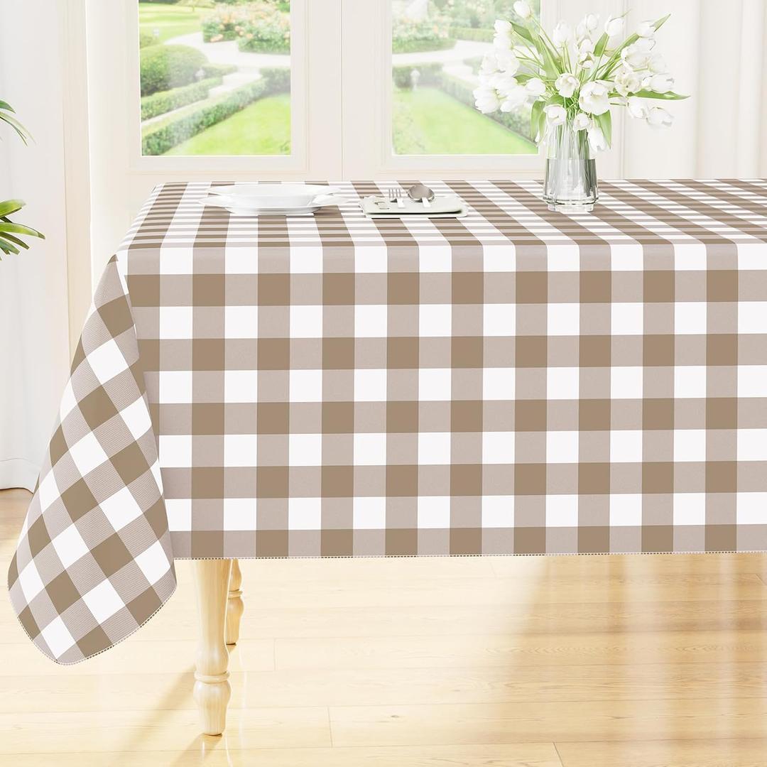 Smiry Rectangle Table Cloth, Waterproof Vinyl Tablecloths with Flannel Backing, Wipeable Buffalo Plaid Table Cover for Picnic, Indoor and Outdoor (Khaki & White, 60"x84")