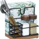 Napkin Holder for Table, Standing Napkin Holder with Salt and Pepper Shakers, Acacia Wood Base, Iron Build, for Kitchen, Dining Room, Outdoor UseIncludes Salt and Pepper Shakers