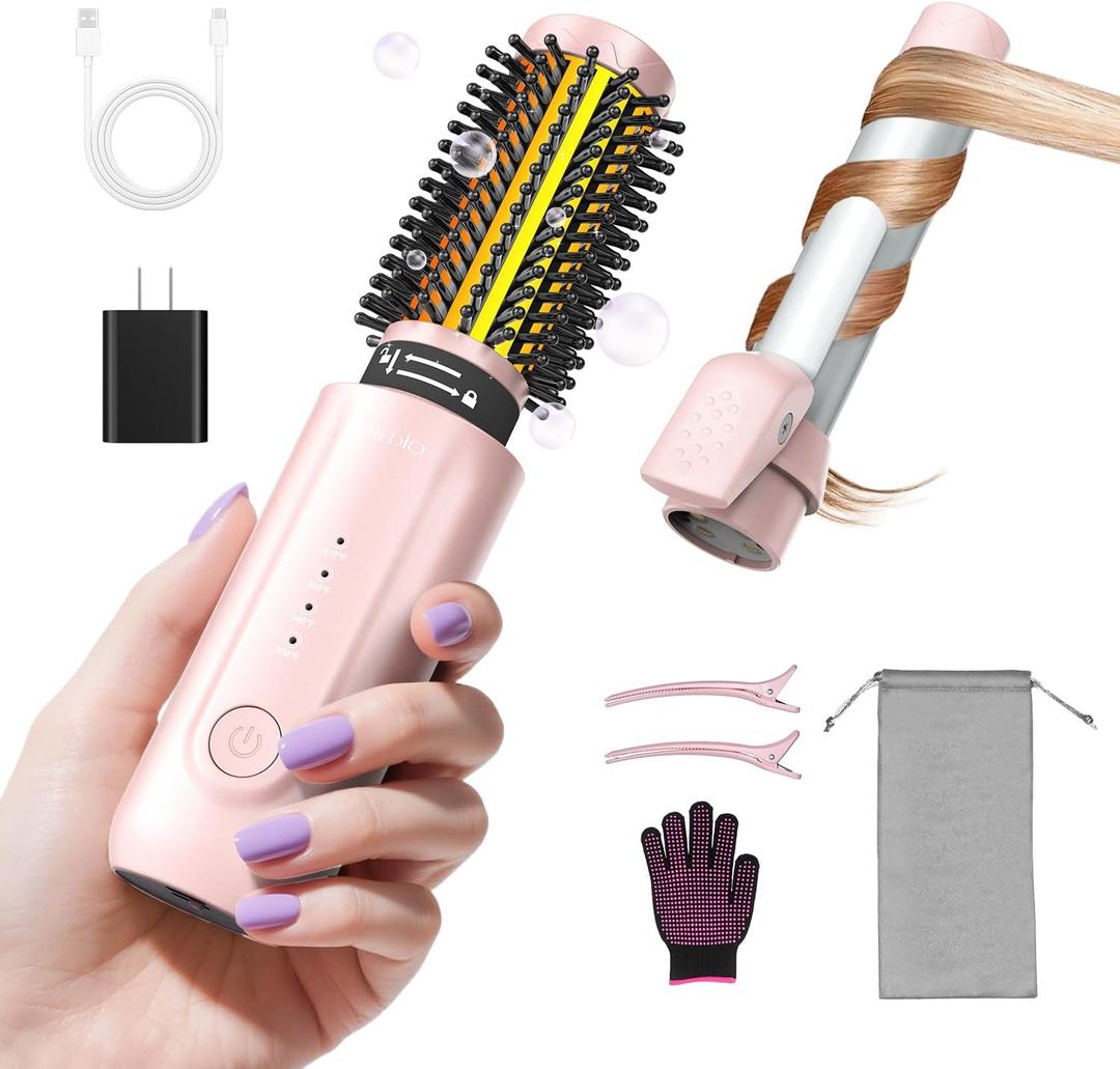 Cordless Curling Iron Brush, 8000mAh, 4 Temp Setting, 1/1.5 inch 2 in 1 Portable Mini Travel Hot Comb,Rechargeable Hair Curler Cordless with 200 Million Negative Ions, Dual Voltage for Travel (Pink)