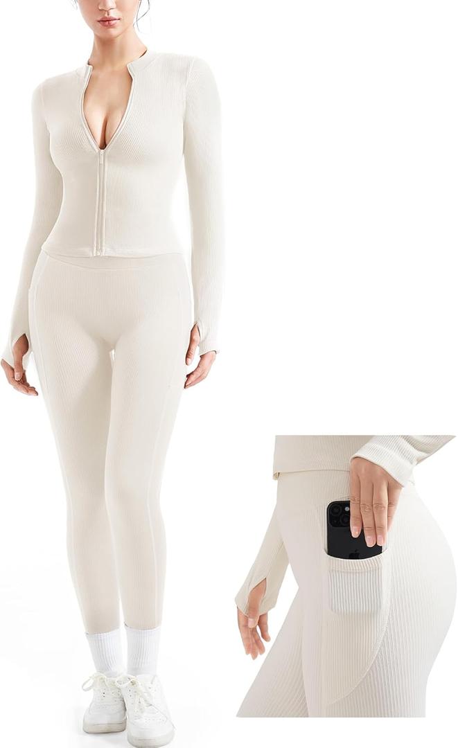 SUUKSESS Women 2 Piece Seamless Ribbed Workout Sets With Zip Up Jacket High Waisted Gym Yoga Leggings, (Beige 2,L)