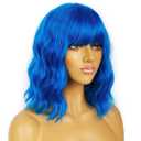 Short Bob Wavy Wig with Bangs for Women Loose Curly Shoulder Length Synthetic Cosplay Wig Bob for Girl Colorful Costume Wigs (Blue)