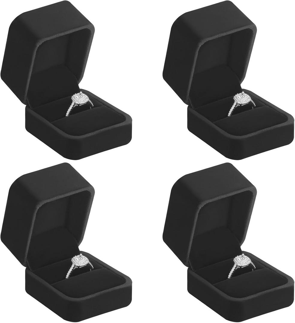 LETURE 4 Pieces Velvet Ring Gift Boxes Set, Earring Pendant Jewelry Case, Jewellry Display Box for Wedding, Engagement,Proposal, Birthday and Anniversary (4pcs Black)
