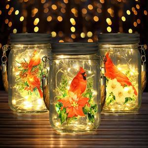 3 Pcs Cardinal Solar Lantern Fairy Hanging Solar Jar Lights Outdoor Yard Garden Lantern Decor for Holiday Indoor Outdoor Decorations Home Decor(Christmas Cardinal)
