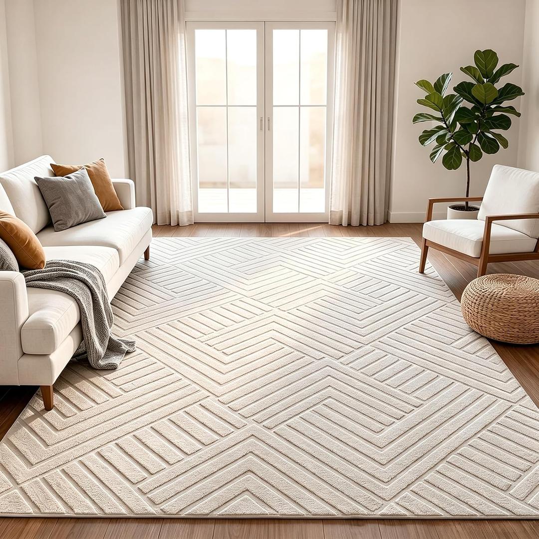 Bsmathom 8x10 Washable Area Rug, Boho Neutral Modern Soft Carpet Mat, Beige