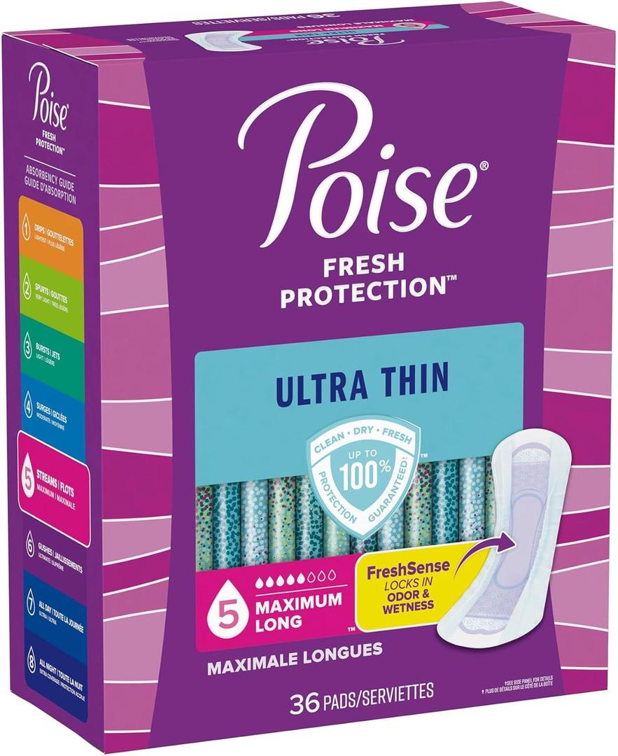 Poise Fresh Protection Ultra Thin Female Incontinent Pad Long Length 14.1 Inch Length 54352, 108 Ct