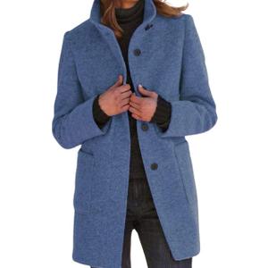 CHARTOU Women Winter Long Pea Coat Wool Blend Stand Collar Single Breast Thicken Blazer Jacket (Large, Blue)