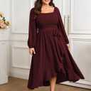 SCOMCHIC Women Plus Size Cocktail Dress Formal Long Sleeve Wedding Guest Smocked High Low Ruffle Dress with Belted (XL)