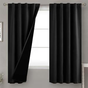 BGment Black 100% Blackout Curtains 63 Inches Long with Thermal Insulated Liner, Rod Pocket and Back Tab Double Layer Full Room Darkening Window Curtain for Bedroom, 2 Panels,Each 38 x 63 Inch