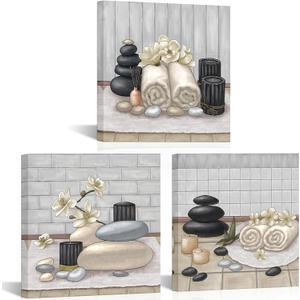 RnnJoile Spa Canvas Wall Art Zen Stone Orchid Picture Painting Beige Still Life Prints for Bathroom Zen Meditation Room Decor Framed 12"x12" for Each