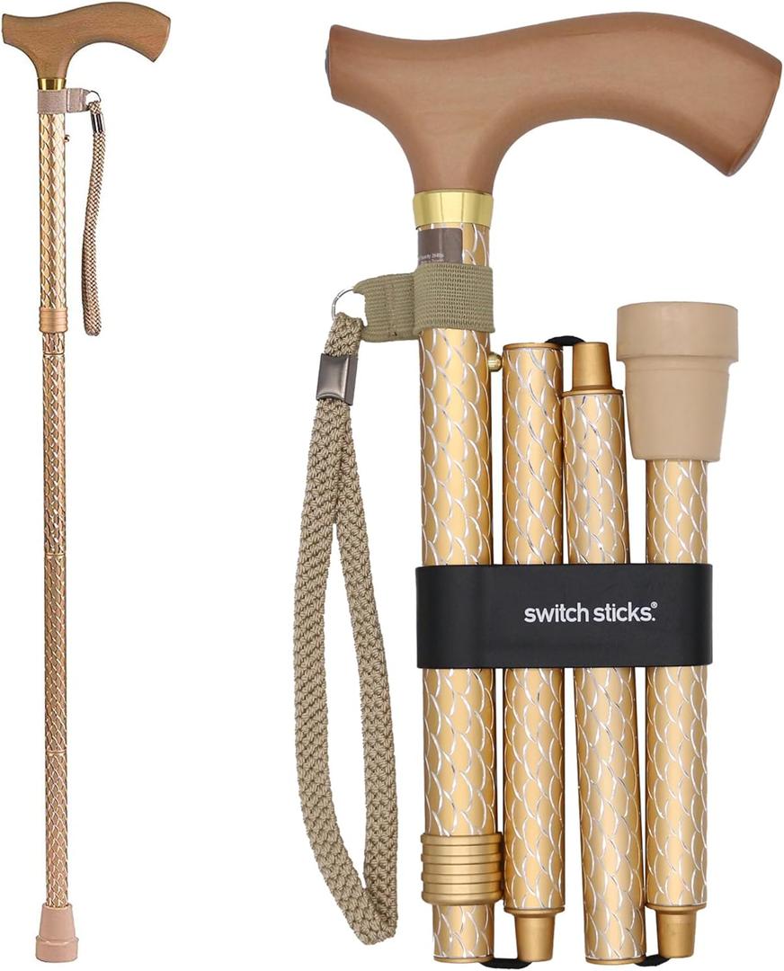 Switch Sticks Folding Walking Cane For Women & Men (Engraved Pearl Gold)