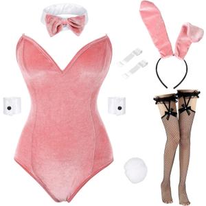 Drofe Bunny Costume Women Bunny Girl Senpai Cosplay Anime Role Costume Bodysuit Set (Pink, XL)