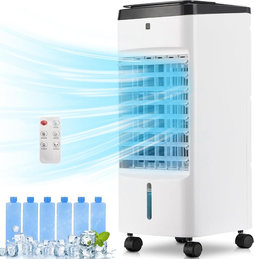 Uthfy Portable Air Conditioners, 3 IN 1 Evaporative Air Cooler with Detachable Water Tank, 6 Ice Packs, 12H Timer, 120° Oscillation, Remote, 3 Speeds, 4 Modes, Swamp Cooler for Bedroom, Milky White