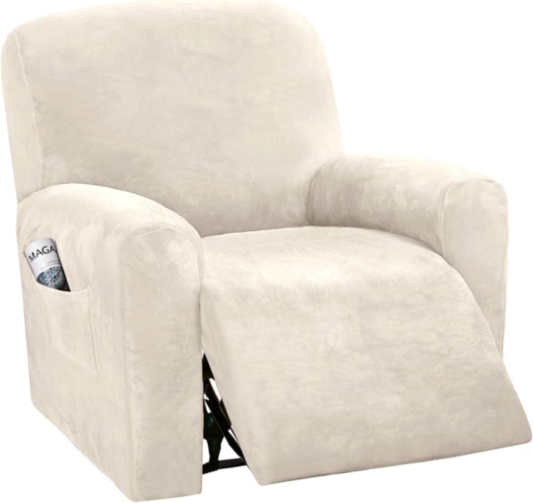 H.VERSAILTEX Velvet Stretch Recliner Couch Covers 4-Pieces Style Recliner Chair Covers Recliner Cover for Reclining Chair Slipcovers Feature Non Slip Form Fitted Thick Soft Washable, Ivory