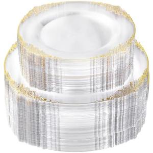 Bestluck 200 PCS Clear and Gold Plastic Plates for 100 Guests, Elegant Clear Disposable Plates with Gold Trim, Include 100 PCS Dinner Plates, 100 PCS Dessert Plates for Party, Birthday and Graduation