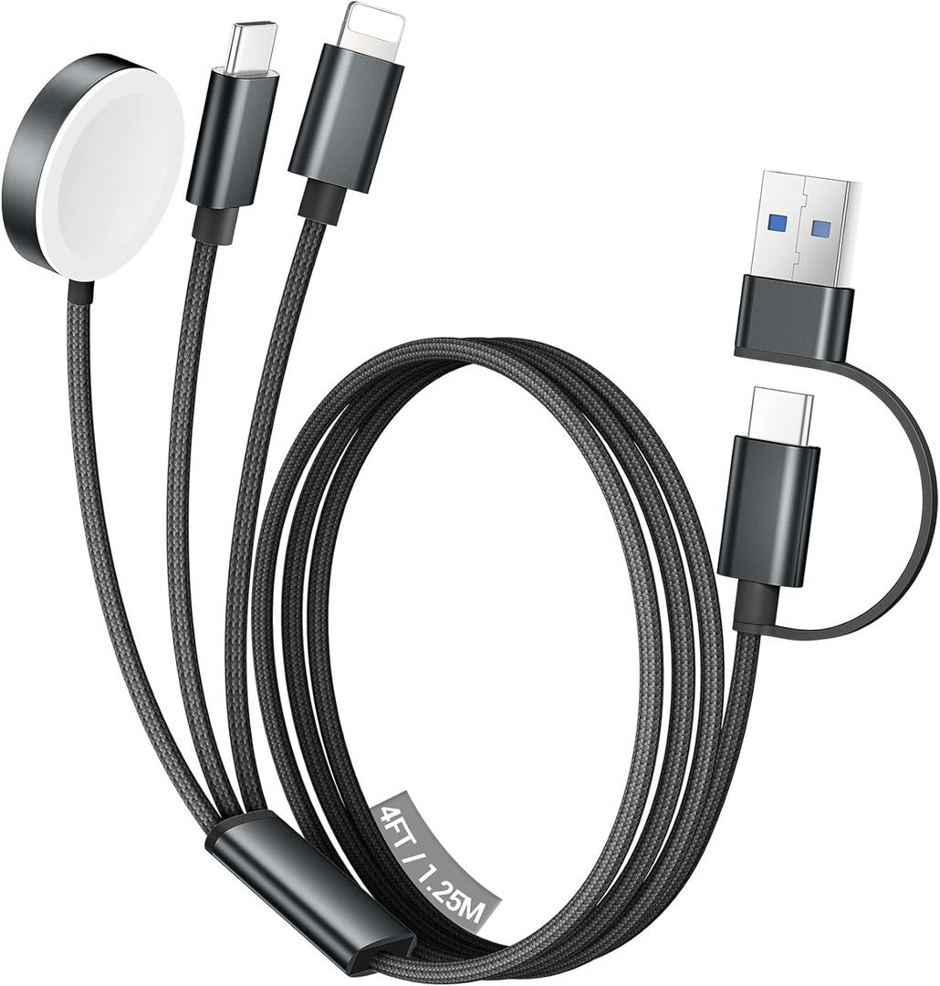 Temdan for Apple Watch Charger,3 in 2 USB C Cable for iPhone 16 Charger/Type C/Lightning,Multi Charging Cable Cord,Portable Travel Essentials Designed for iWatch Ultra/SE/10-1&iPhone 16-12-Black (4 FT)