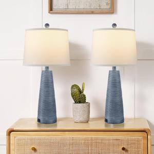 Nightstand Lamp Bedside Lamps Set of 2 Vintage Rustic Farmhouse Table Lamp 3 Way Dimmable Horizontal Stripe Light,Suitable for Living Room Bedroom,with Linen Shade LED Bulb,USB A+C Port