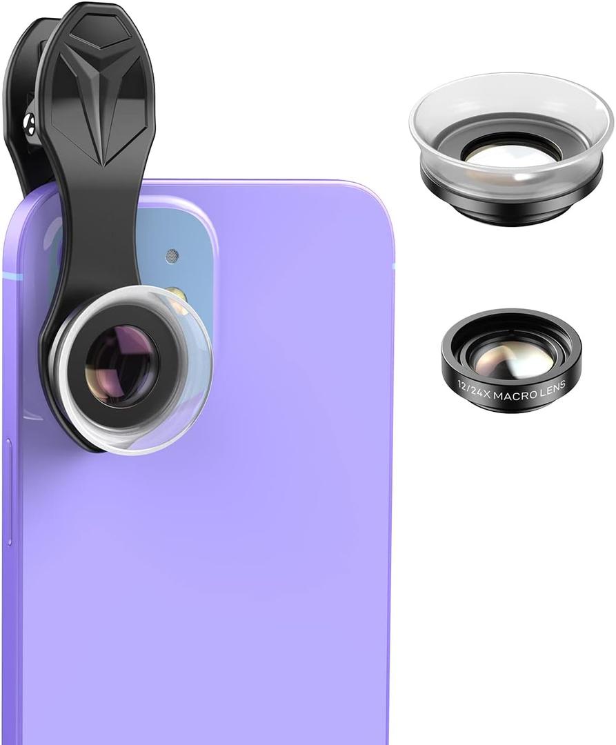 APEXEL 12X / 24X Macro Lens, Macro Lens for iPhone with Universal Clip, HD Phone Attachment for Phone Camera, iPhone Photograph Accessories Fits for All Cellphone and Pads Mini Microscope