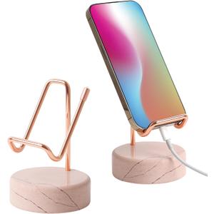 Marble Phone Stand with Metal Holder, Charging While Using, Swipe Up to Unlock, Made of Natural Marble as Business Card Holder for Office Desk (Rose Pink + Rose Gold)