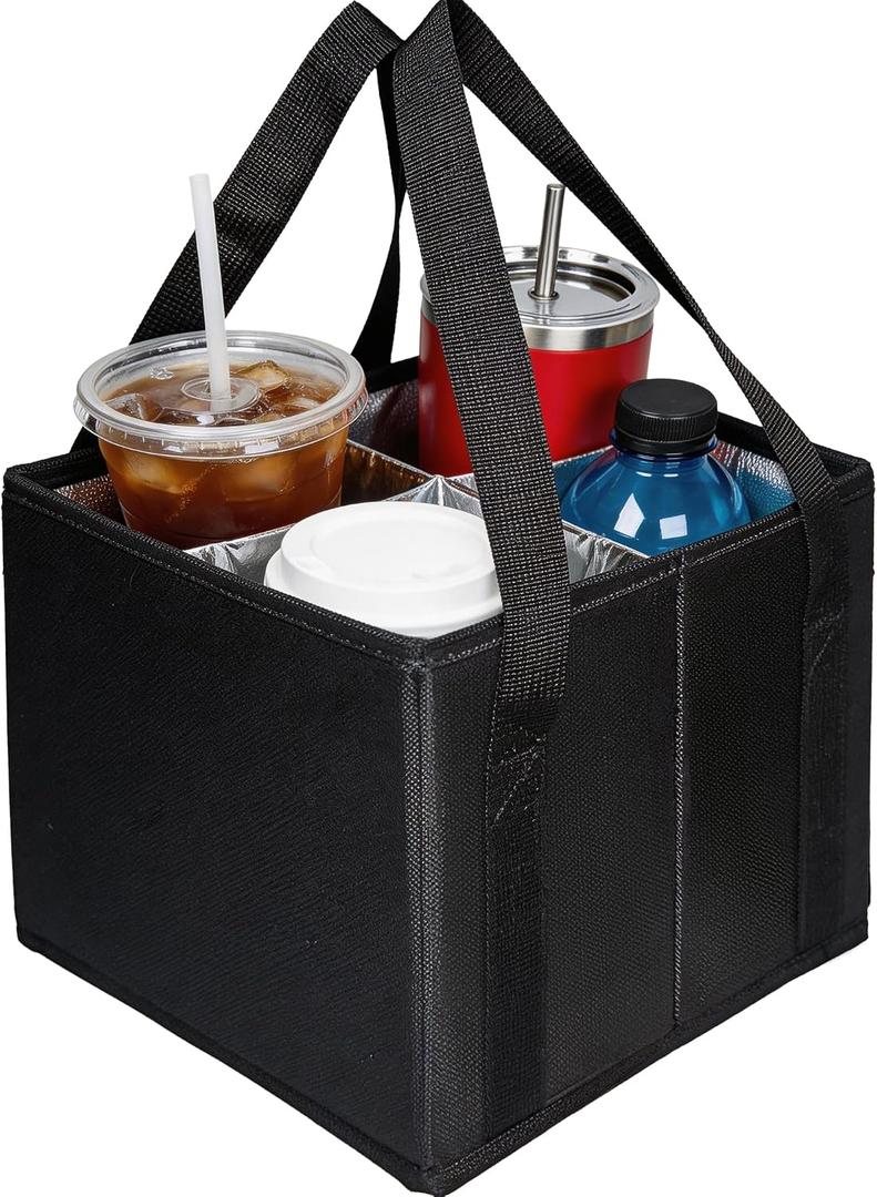 Reusable Drink Carrier with Handle, Insulated Drink Holder Bag with Adjustable Dividers, 600D Oxford Fabric Cup Carrier Drink Caddy for Delivery Car Coffee & Beverages, 4 Cups