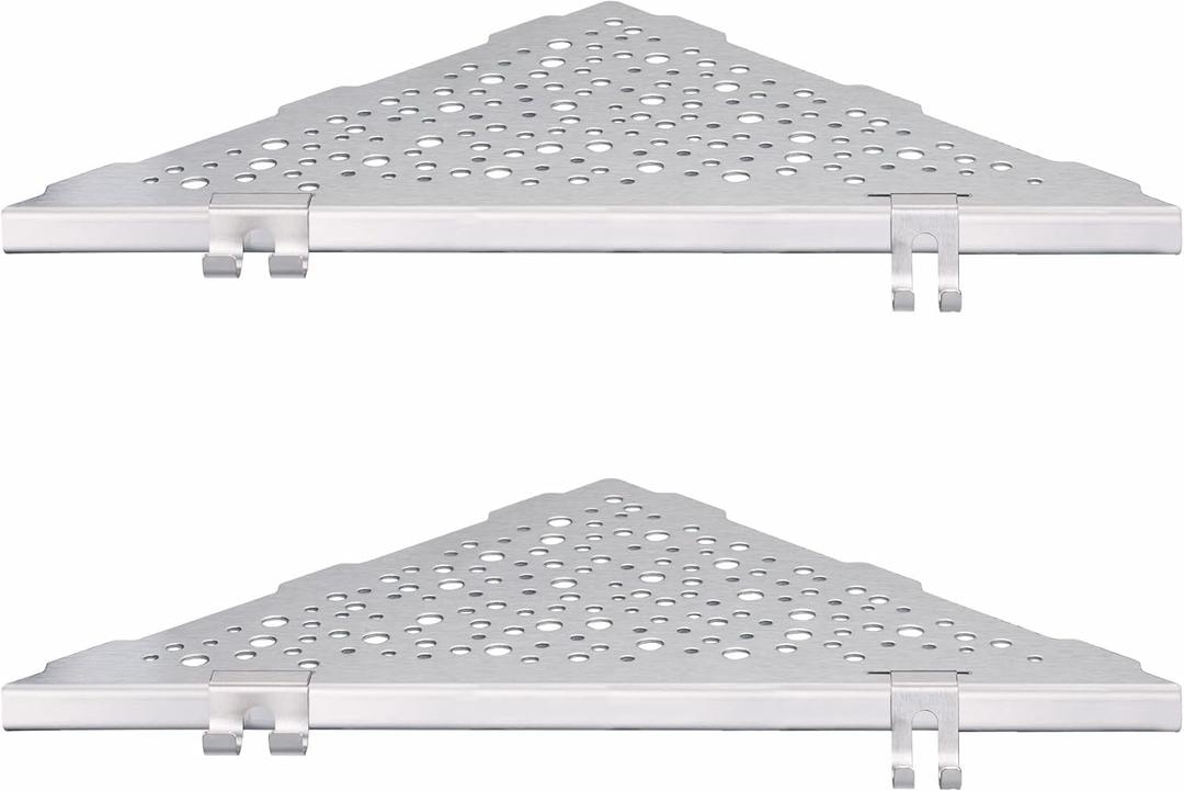 WELLUP Shower Corner Shelf with 4 Hooks,No-Drill 10" Brushed Nickel 304 Stainless Steel Recessed Shelves for Bathroom Tile Walls,2-Pack
