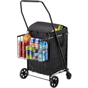 VEVOR Shopping Cart, Folding Grocery Utility Cart with Dual Baskets, Waterproof Liner & Wheels, 100 LBS Large Load Capacity, Heavy Duty Laundry Basket for Laundry, Shopping, Camping, Grocery, Luggage (Medium)